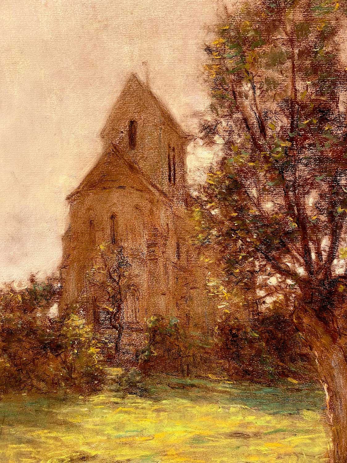Leon Augustin Lhermitte - L'eglise de Mezy-Moulins, pastel on mounted canvas, early 20th century - Darnley Fine Art