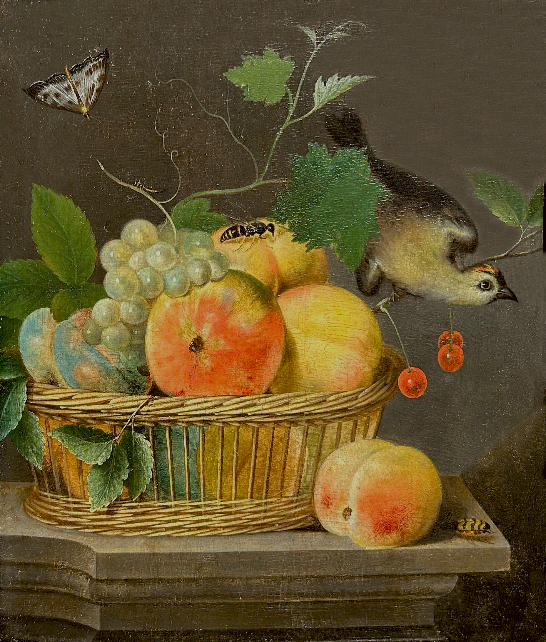 Still Life of Fruit in a Wicker Basket with Bird