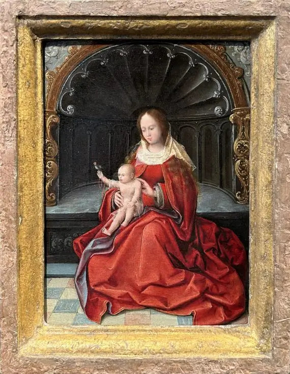 Studio of Adriaen Isenbrandt - The Virgin and Child Enthroned, oil on oak panel, 16th century - Darnley Fine Art