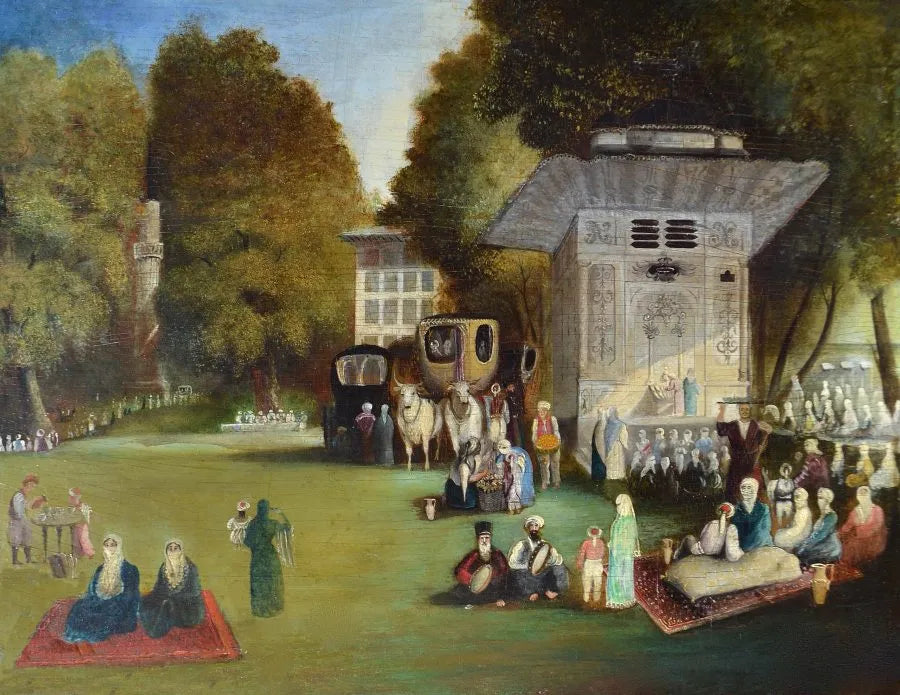 English School - A Turkish Garden Party, oil on panel, 19th century - Darnley Fine Art