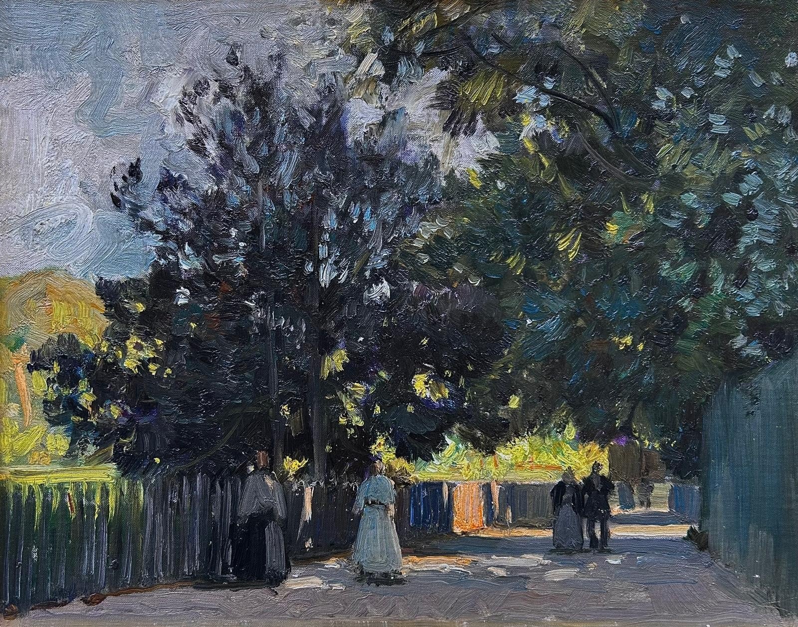 Alfred East - Morning Stroll, Twickenham, oil on board, 19th century - Darnley Fine Art