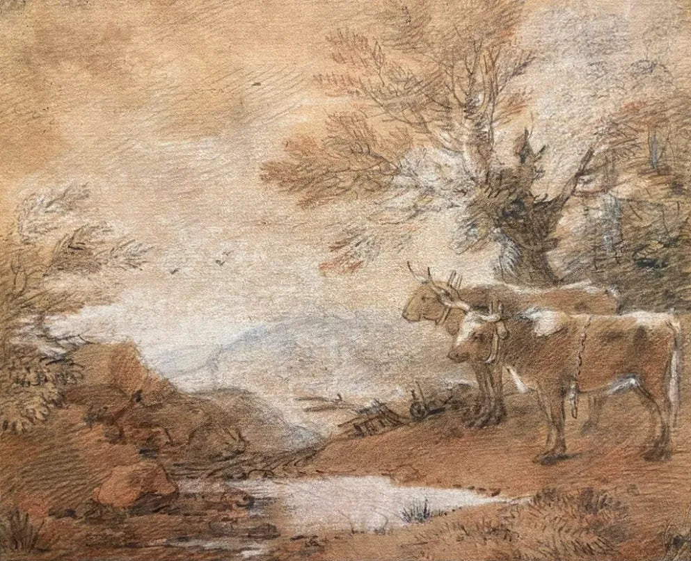 Thomas Gainsborough - An Ox Team Resting Beside a Track, pencil, black, red and white chalks on buff paper, 18th century - Darnley Fine Art