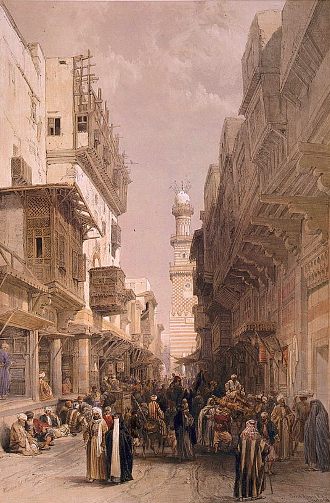 David Roberts - Bazaar in the street leading to the Mosque el Mooristan, lithograph, 19th century - Darnley Fine Art