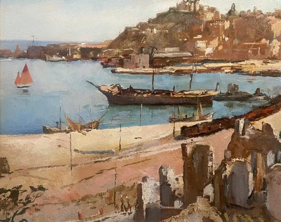 Ezelino Briante - Boats Run Aground, oil on board, 20th century - Darnley Fine Art