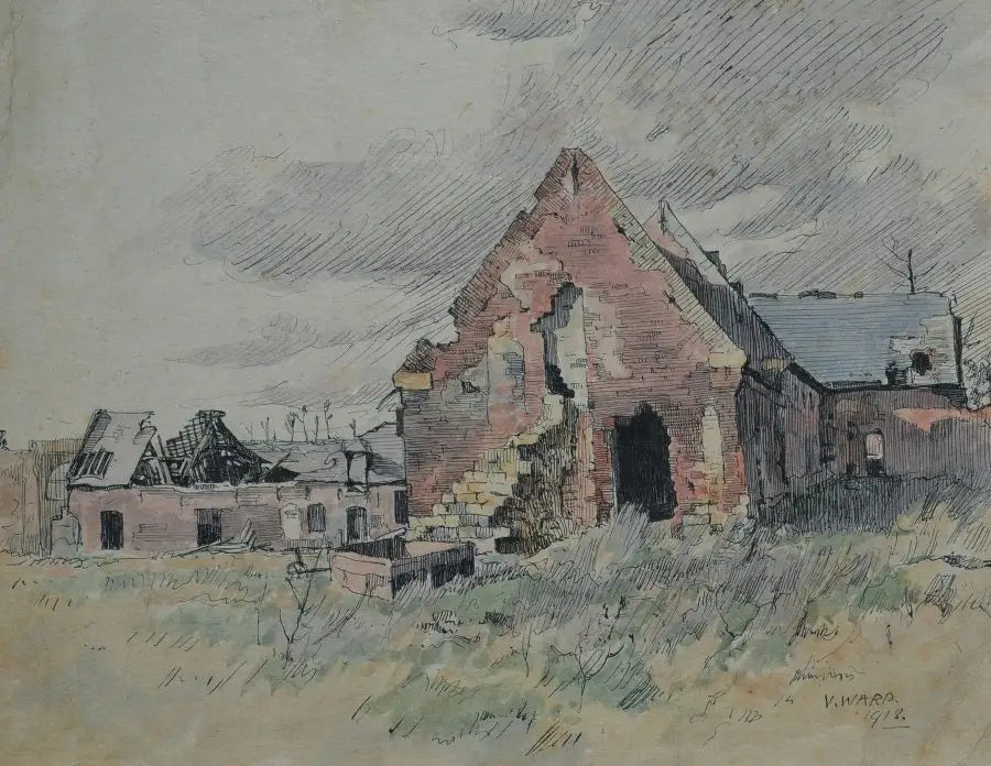 V Ward - Bombed Dwelling, watercolour and pencil, early 20th century - Darnley Fine Art
