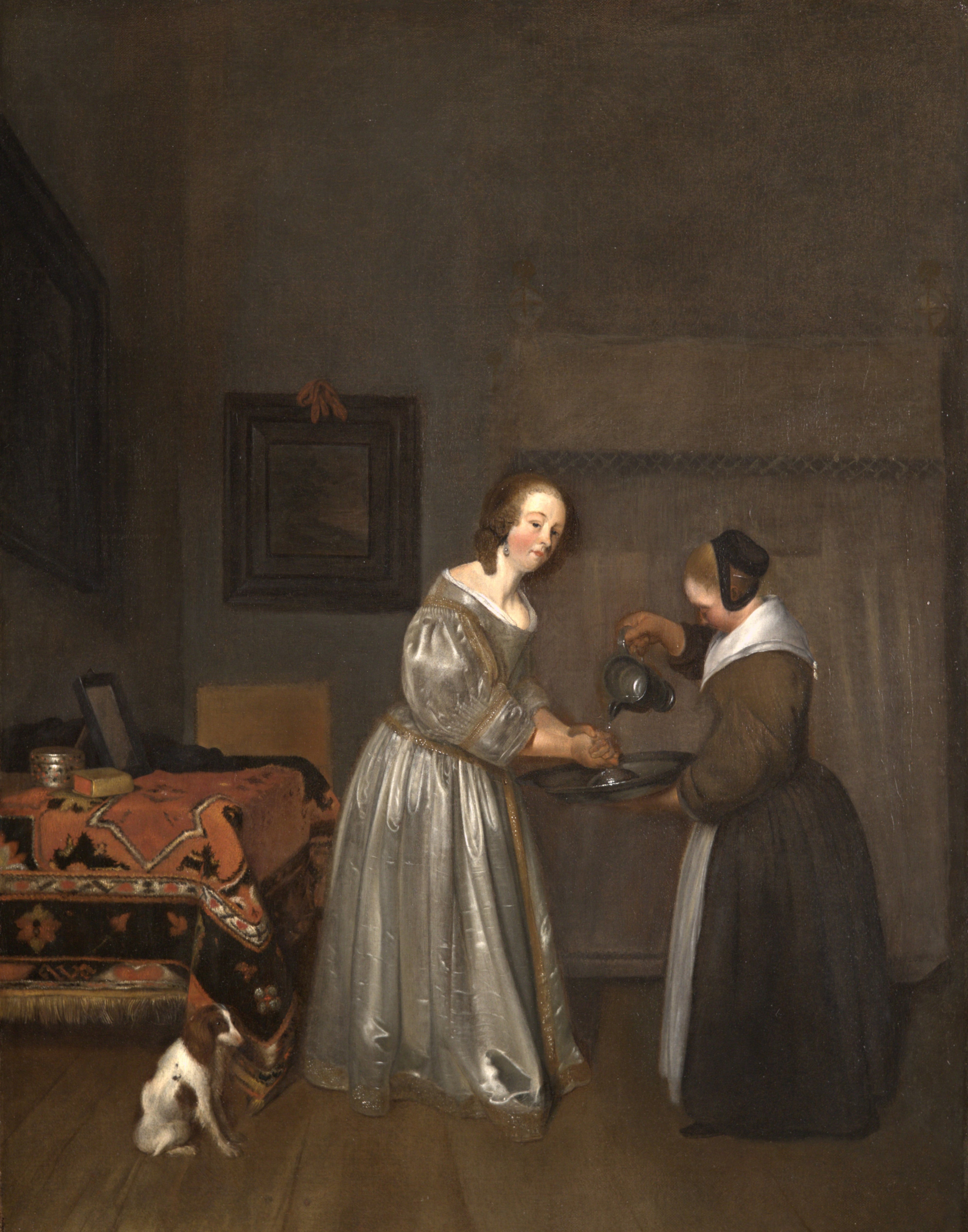 Gerard ter Borch - Interior with a Lady in Grey Washing her Hands, oil on canvas, 17th century - Darnley Fine Art