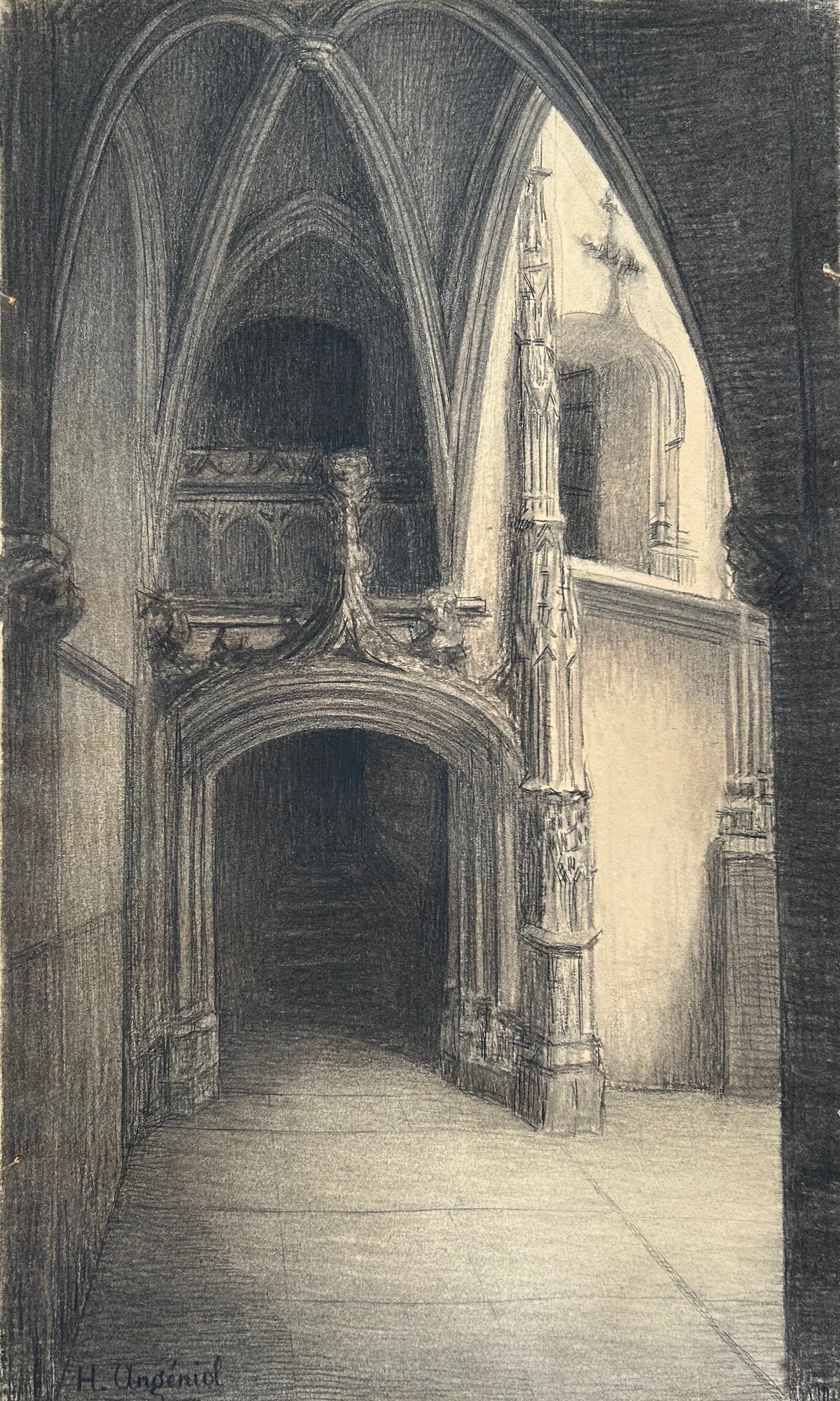 Henri Charles Angeniol - Gothic Church, pencil on paper, 20th century - Darnley Fine Art
