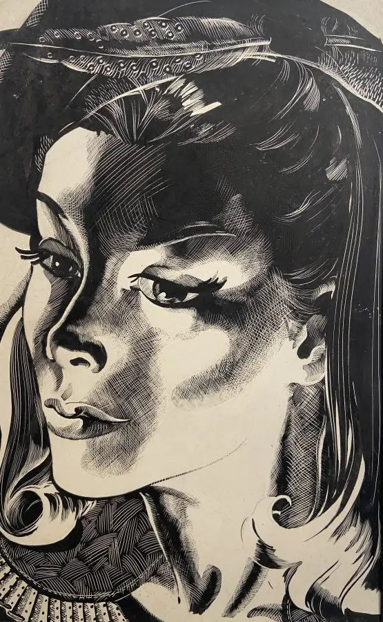 Mary A Brooks - In Fashion, sgraffito on acrylic, 20th century - Darnley Fine Art