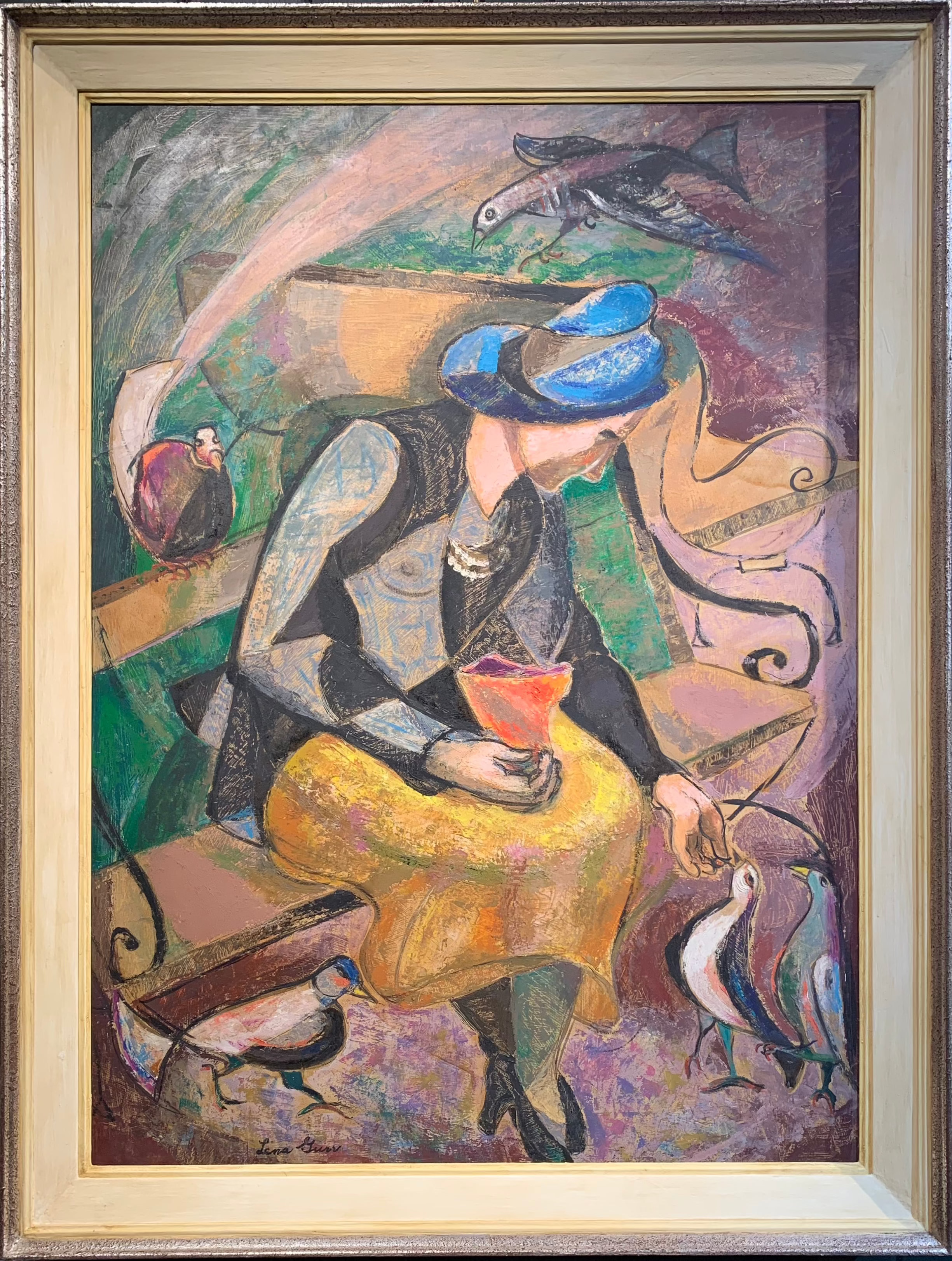 Lena Gurr - Feeding the Birds, oil on board, 20th century - Darnley Fine Art