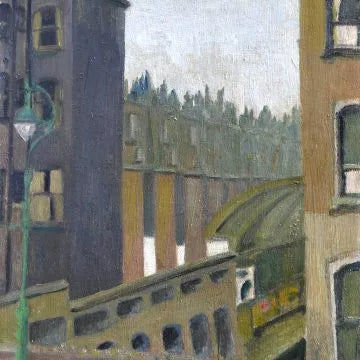 McKnight - Notting Hill Gate Station from the Road, oil on canvas board, early 20th century - Darnley Fine Art