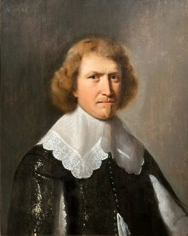 Matthijs Harings - Portrait of a Man in a Lace Collar, oil on panel, 17th century - Darnley Fine Art
