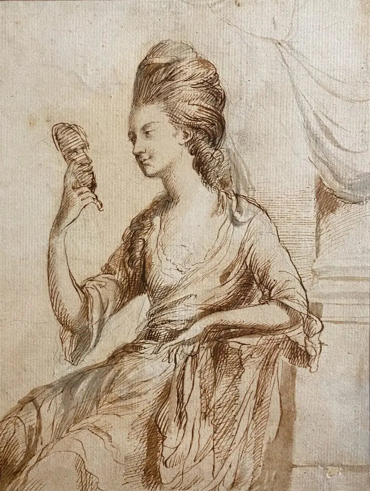 English School - Portrait of an Actress, pen and brown ink, 18th century - Darnley Fine Art