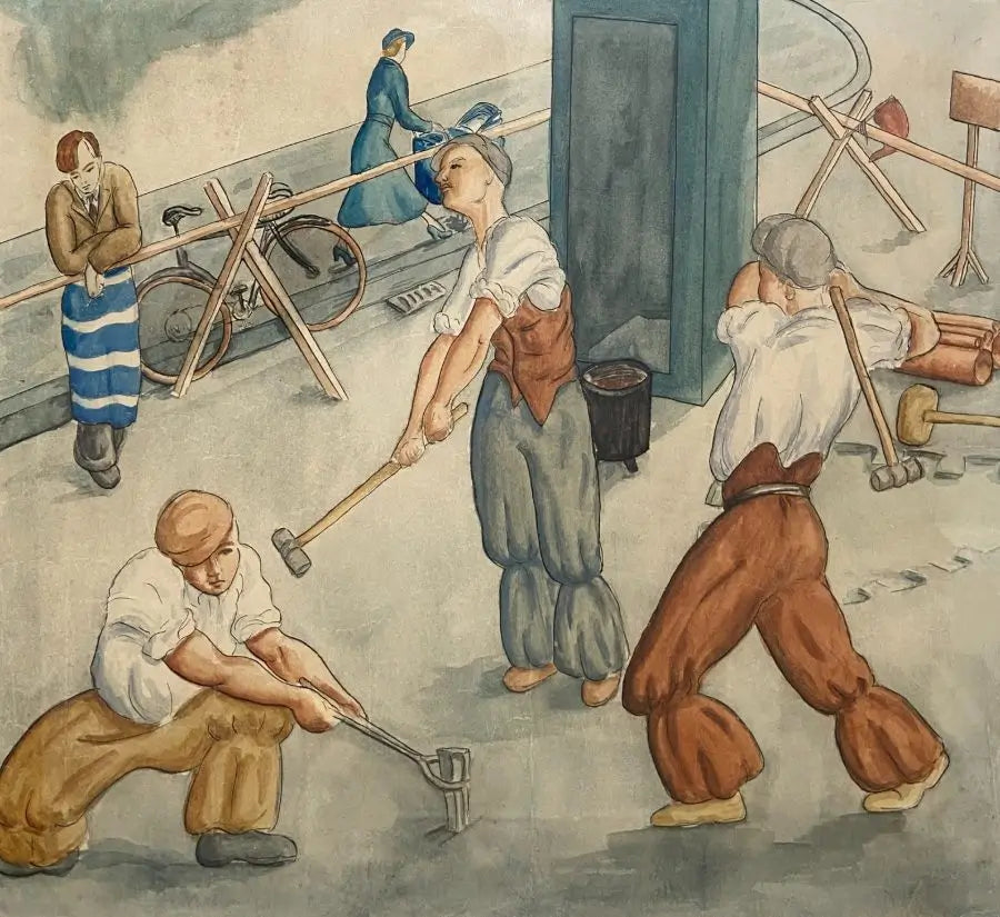 English School - Roadworkers, ink and watercolour on paper, early 20th century - Darnley Fine Art
