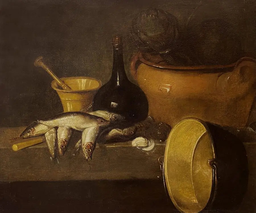 Spanish School - Still Life with Fish and Copper Pot, oil on canvas, late 18th century - Darnley Fine Art