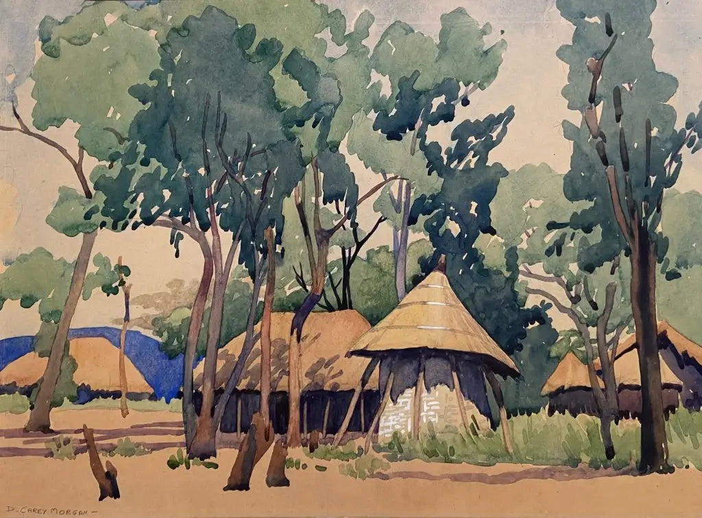 Dorothy Carey Morgan - Thatched Huts Through Trees, watercolour on paper, 20th century - Darnley Fine Art