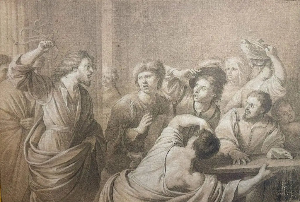 European School - The Cleansing of the Temple, pencil and chalk on paper, late 18th century - Darnley Fine Art