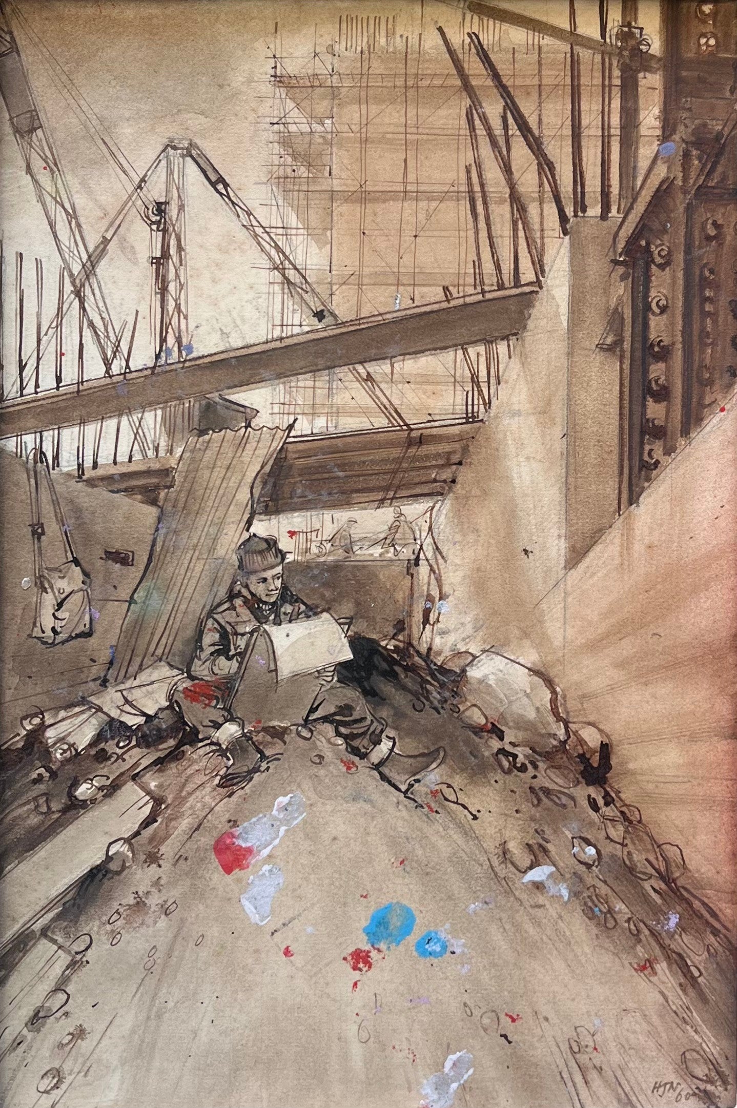 British School - The Painter in the Rubble, pen and ink wash on paper, 20th century - Darnley Fine Art