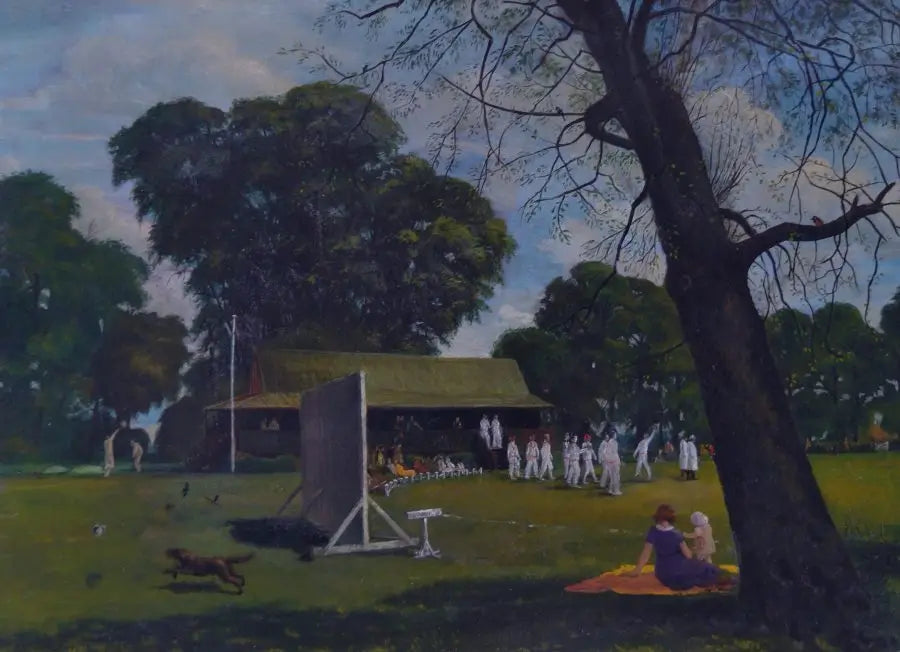 British School - The Cricket Match, oil on board, 20th century - Darnley Fine Art