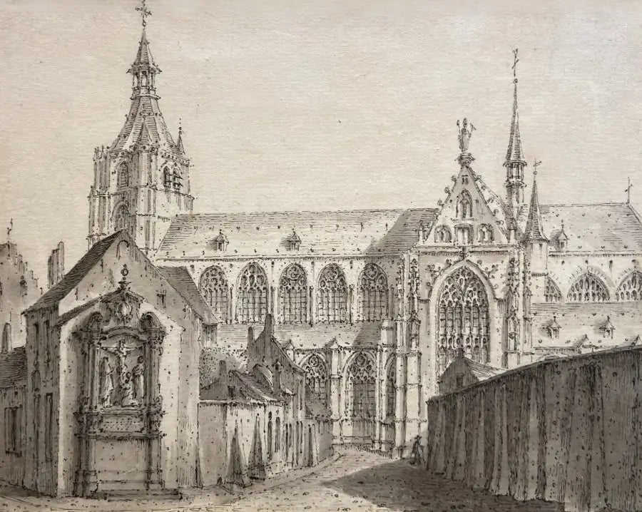View of a Cathedral, ink and wash - Darnley Fine Art