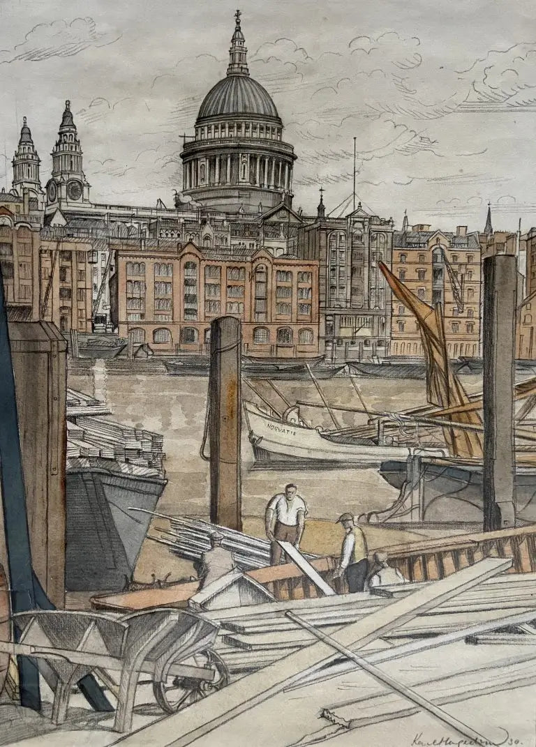 Karl Hagedorn - View of St Paul's Across the Thames, watercolour and pencil, early 20th century - Darnley Fine Art