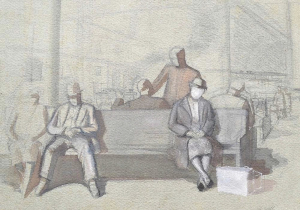 Gordon Noel Scott - Waiting for the Train, pencil and wash on paper, 20th century - Darnley Fine Art