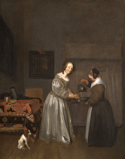 Interior with a Lady in Grey Washing her Hand