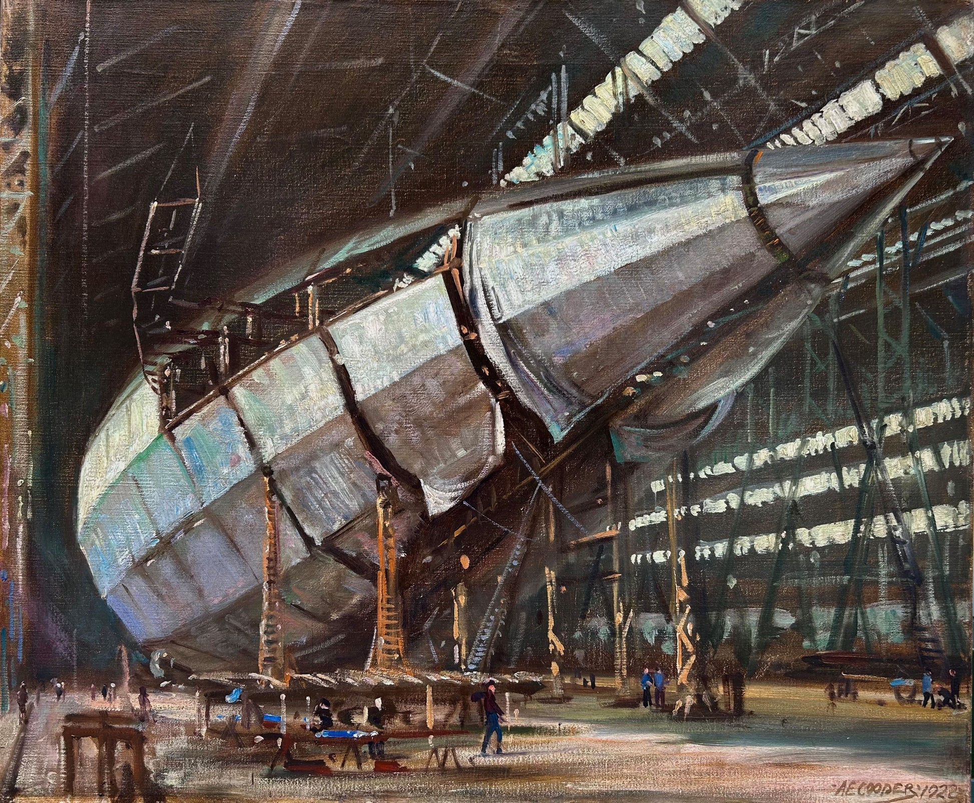 Alfred Egerton Cooper - Covering the R100, oil on canvas, 20th century - Darnley Fine Art