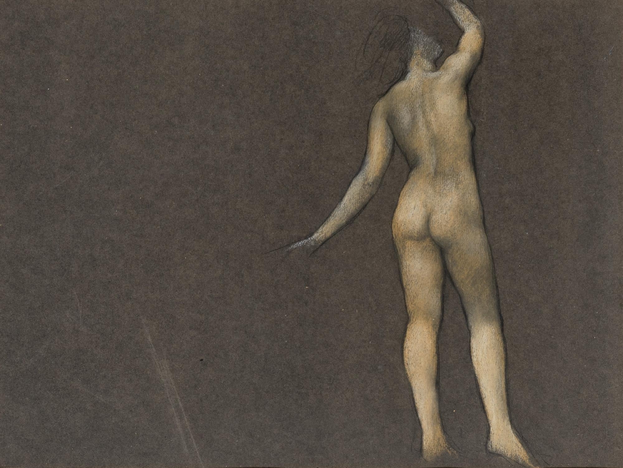 Evelyn de Morgan - Study of a Standing Female Nude, black chalk and pastel on grey paper, 19th century - Darnley Fine Art