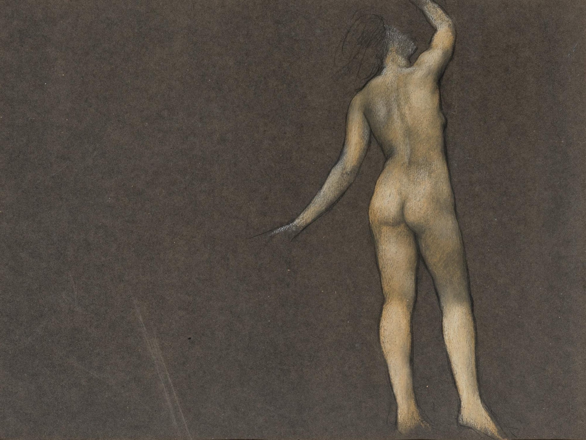 Evelyn de Morgan - Study of a Standing Female Nude, black chalk and pastel on grey paper, 19th century - Darnley Fine Art