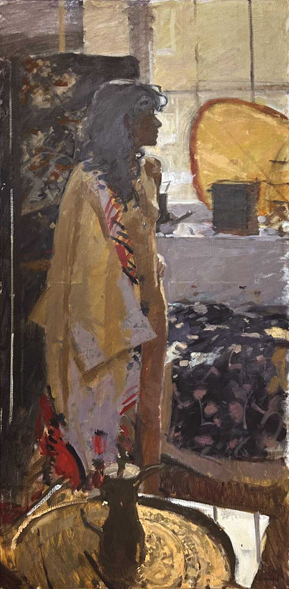 Ken Howard - Sarah - Harmony in Red and Grey, oil on canvas, 20th century - Darnley Fine Art