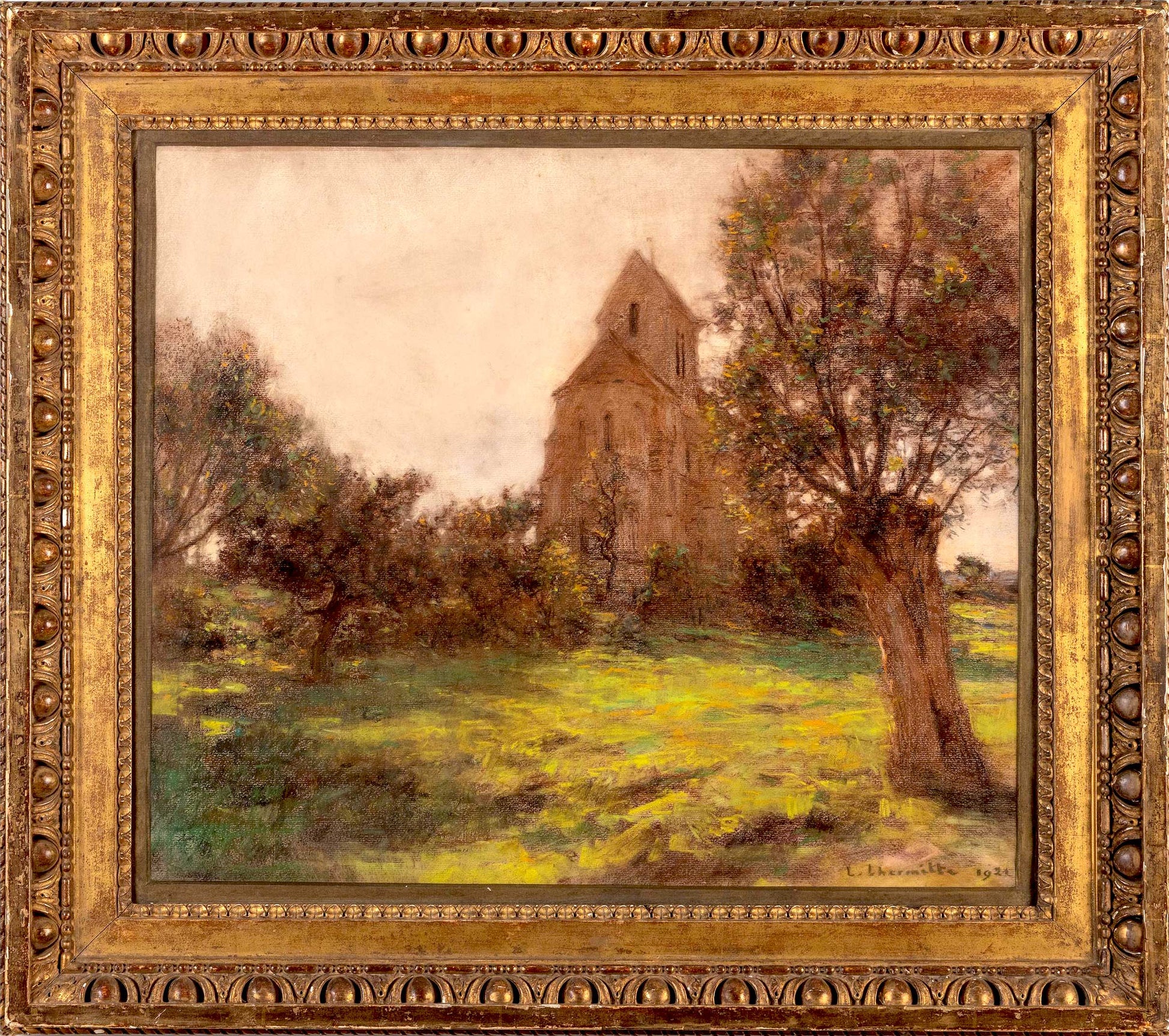 Leon Augustin Lhermitte - L'eglise de Mezy-Moulins, pastel on mounted canvas, early 20th century - Darnley Fine Art