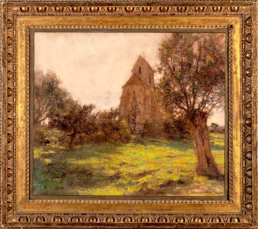 Leon Augustin Lhermitte - L'eglise de Mezy-Moulins, pastel on mounted canvas, early 20th century - Darnley Fine Art