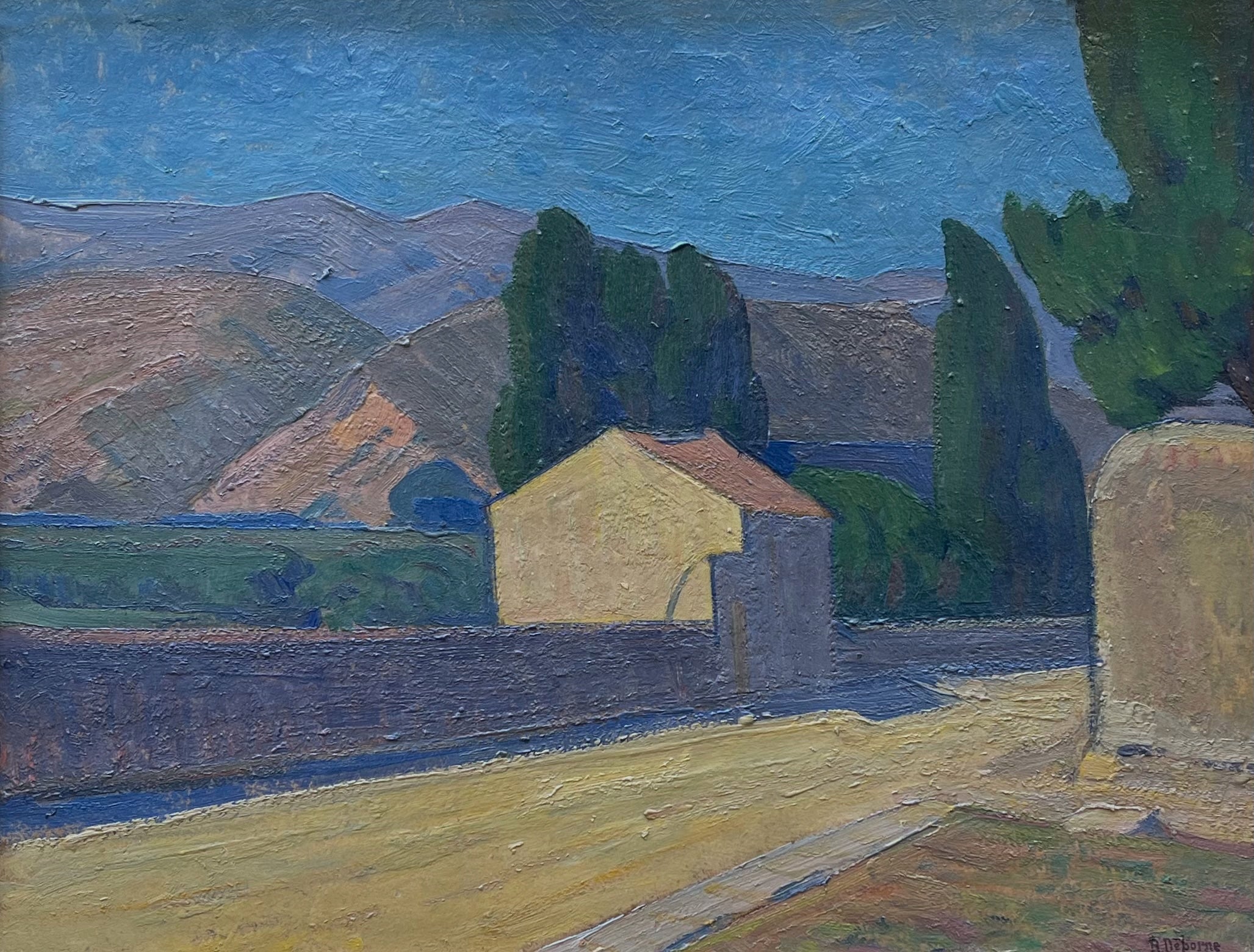 Robert Deborne - The Yellow Farm, oil on board, 20th century - Darnley Fine Art