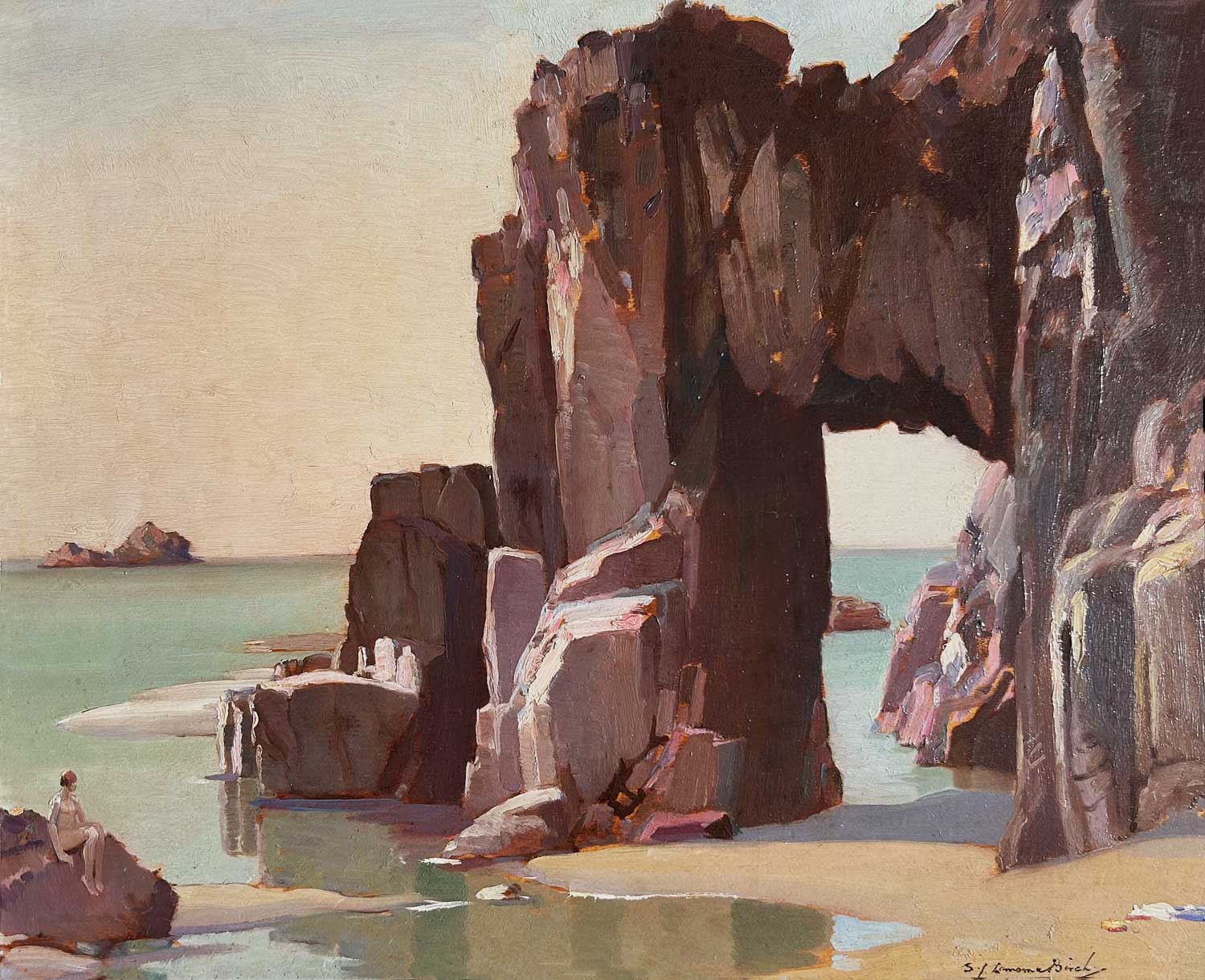 Samuel John Lamorna Birch- Sanctuary, Cliffs at St Justs, Cornwall, oil on panel, late 19th/early 20th century - Darnley Fine Art