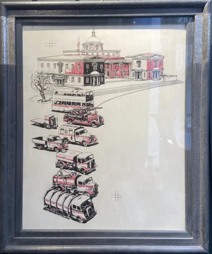Reginald Shuffrey - Service Vehicles, ink and red wash on paper, 20th century - Darnley Fine Art