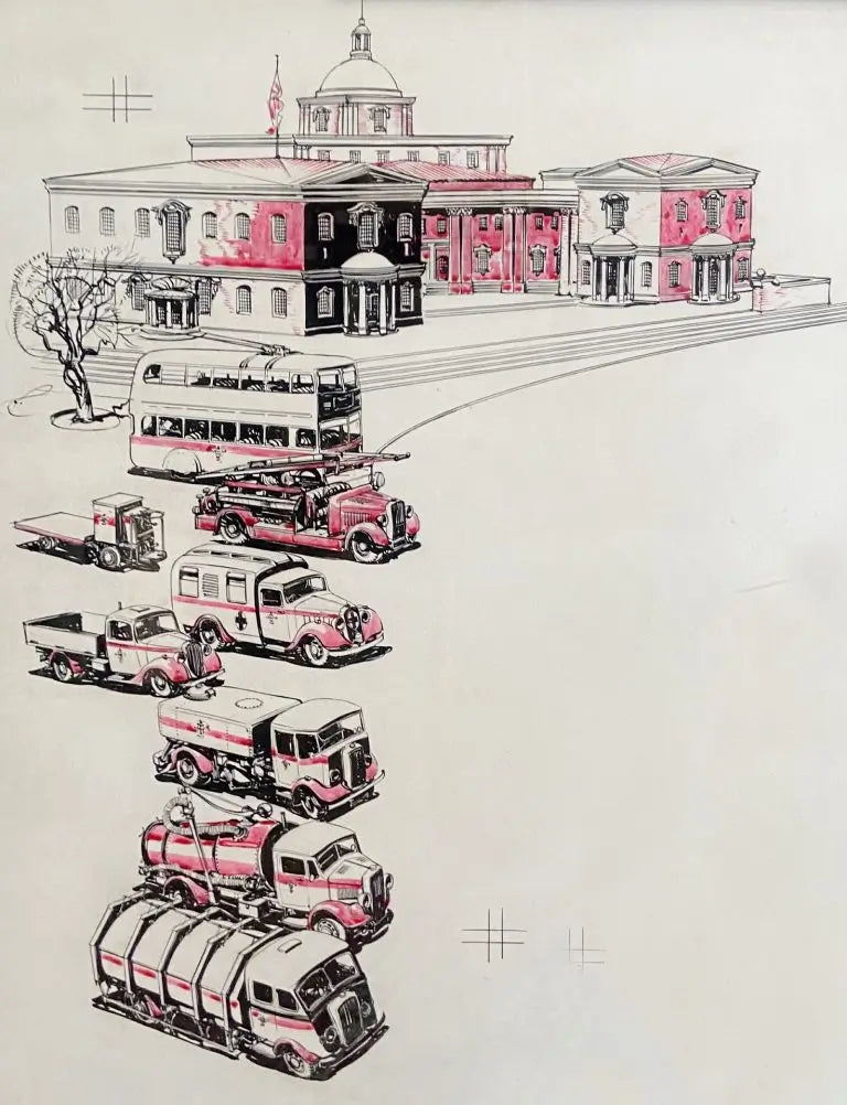 Reginald Shuffrey -Service Vehicles, ink and red wash on paper, 20th century - Darnley Fine Art