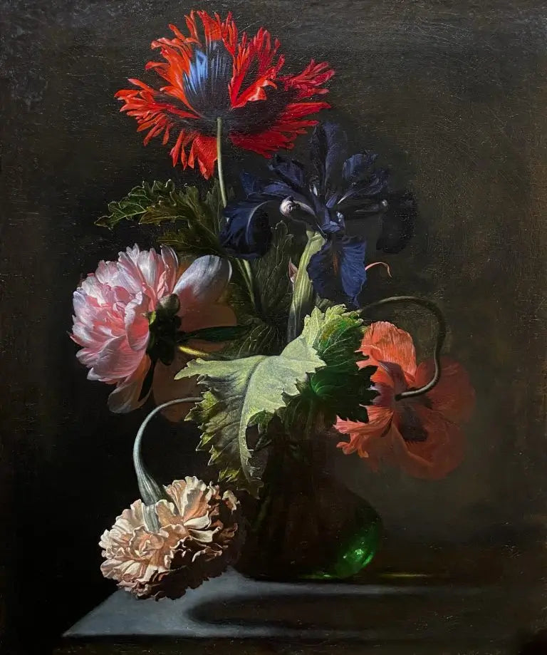 Still life of Poppies, Peonies, Iris, and African Marigold in a Green Glass Vase on a Gray Stone Ledge