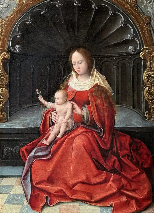 Studio of Adriaen Isenbrandt - The Virgin and Child Enthroned, oil on oak panel, 16th century - Darnley Fine Art