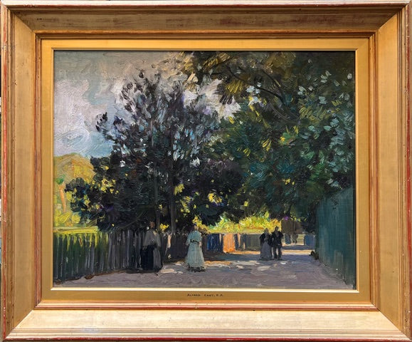 Alfred East - Morning Stroll, Twickenham, oil on board, 19th century - Darnley Fine Art