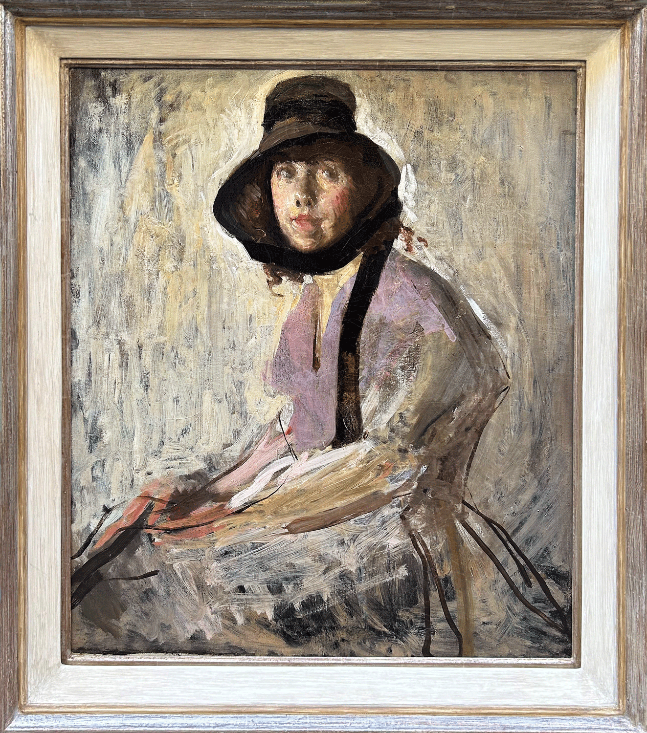 Ambrose McEvoy - Portrait of a Lady in a Black Bonnet, oil on canvas, late 19th/early 20th century - Darnley Fine Art