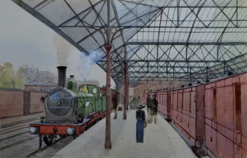 Arthur Charles Conrade - The Train Station, watercolour and pencil, early 20th century - Darnley Fine Art