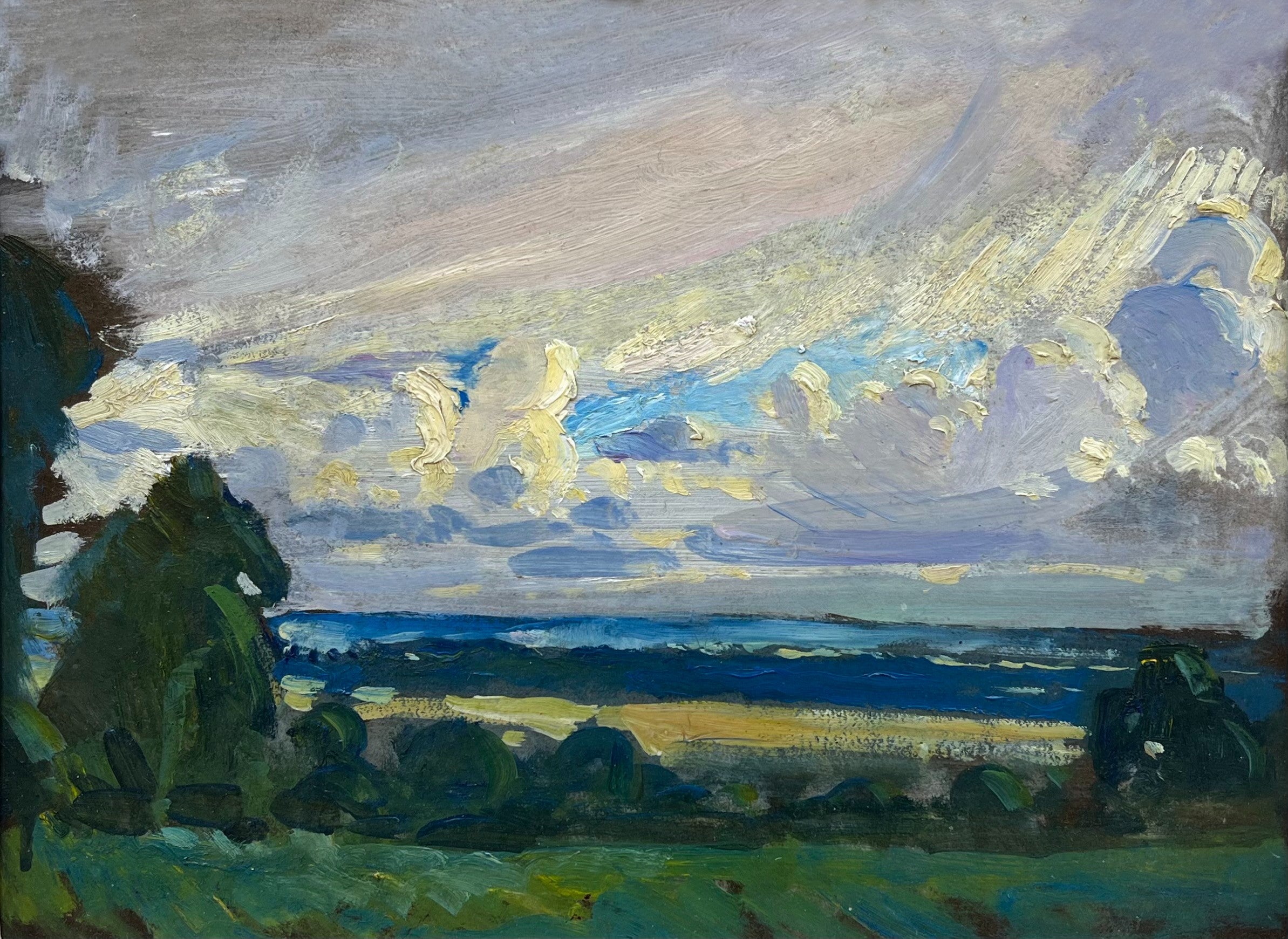 British School - Beyond the Fields, oil on board, 20th century - Darnley Fine Art