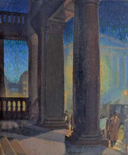 Lincoln Pugh Jenkins - Birmingham Art Gallery, Portico, Evening, oil on board, 20th century - Darnley Fine Art