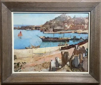Ezelino Briante - Boats Run Aground, oil on board, 20th century - Darnley Fine Art