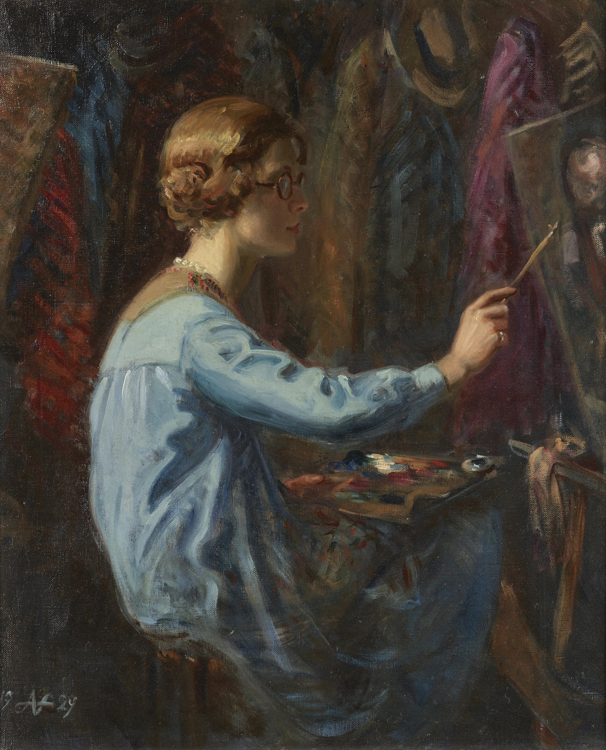 British School - Self Portrait at the Easel, oil on canvas, 20th century - Darnley Fine Art