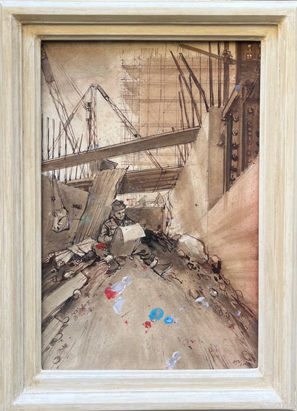 British School - The Painter in the Rubble, pen and ink wash on paper, 20th century - Darnley Fine Art