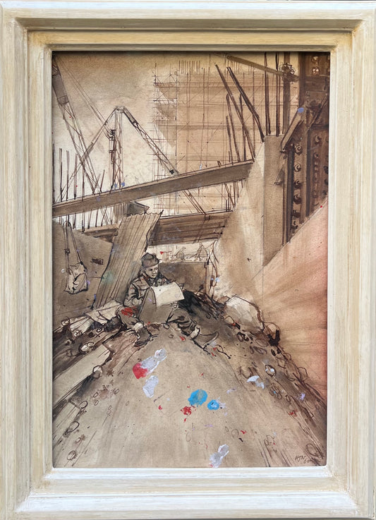 British School - The Painter in the Rubble, pen and ink wash on paper, 20th century - Darnley Fine Art