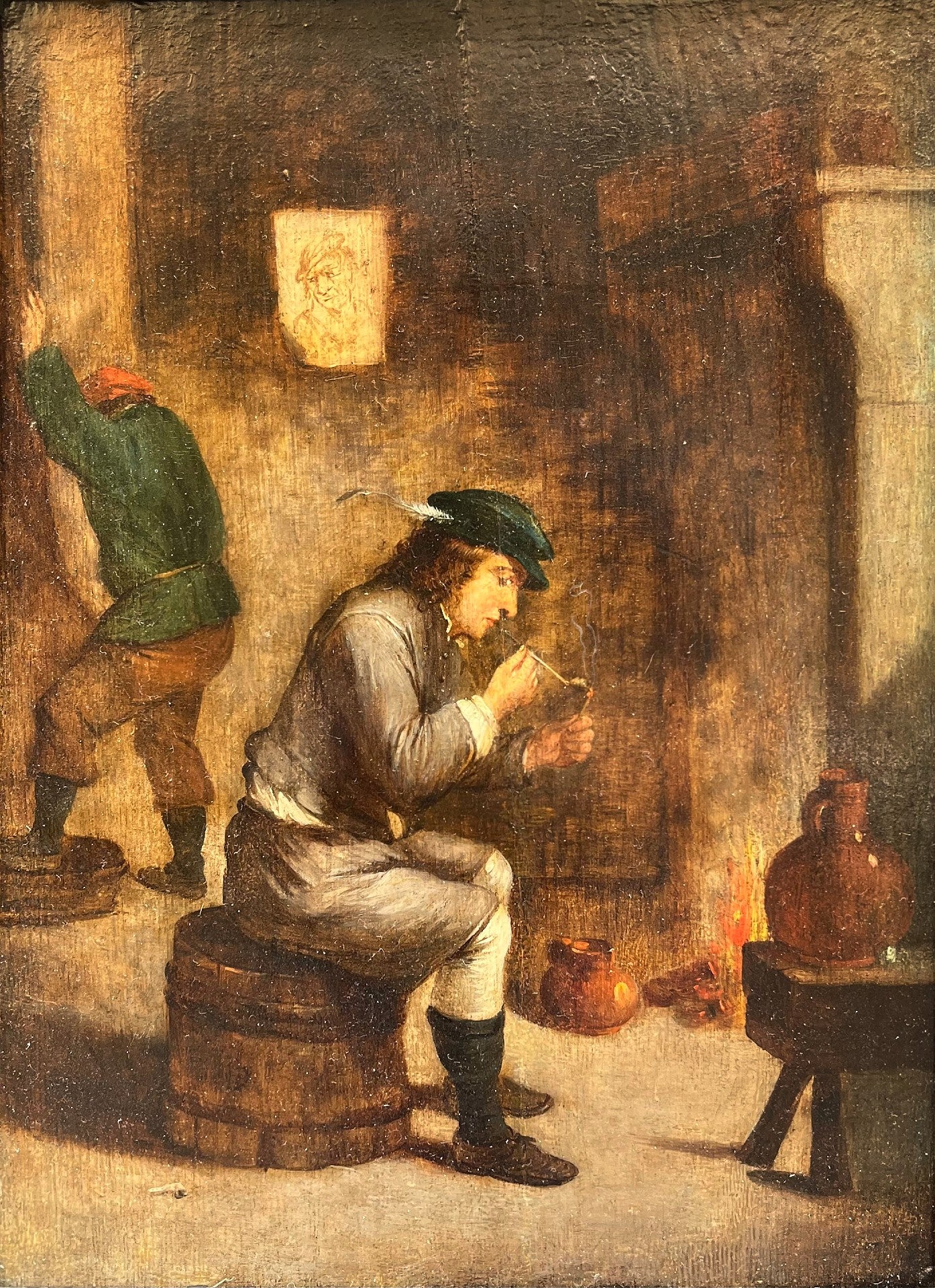 Circle of David Teniers the Younger - Man Smoking on a Barrel, oil on oak panel, 17th century - Darnley Fine Art