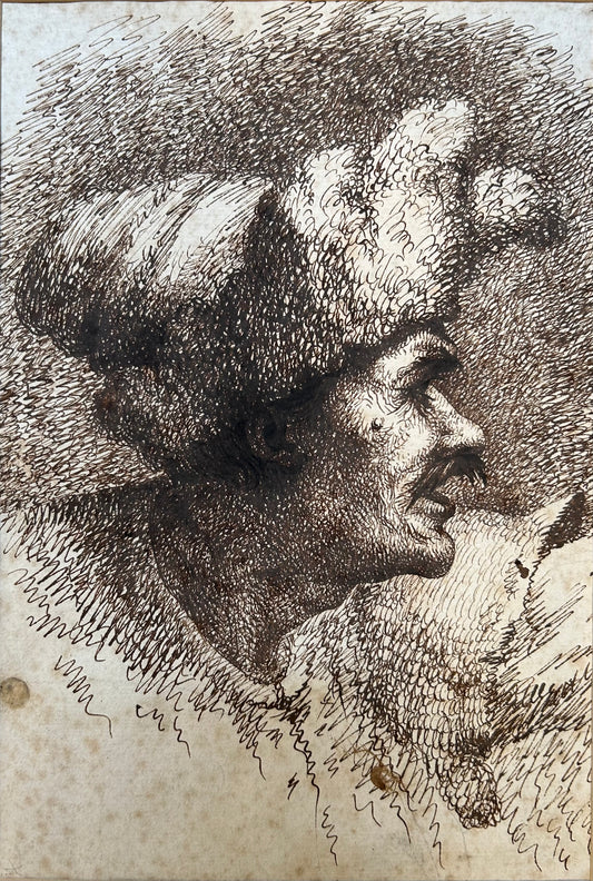 Circle of Giovanni Benedetto Castiglione - Sketch of a Man in Profile, ink on paper, 17th century - Darnley Fine Art