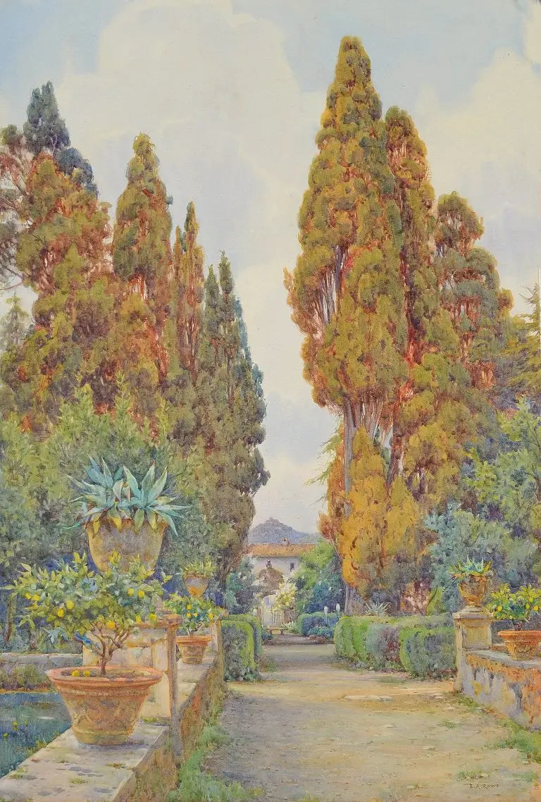Ernest Arthur Rowe - Cypresses, Villa D'Este, Tivoli, watercolour, early 20th century - Darnley Fine Art